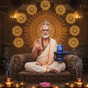 A serene portrait of Allama Prabhu in traditional white dhoti, seated in padmasana on a carved stone platform, against the backdrop of 12th century Kalyana Karnataka architecture. His face radiates divine wisdom with half-closed eyes in deep meditation. Around him float multiple ethereal mandalas in shades of gold and soft blue, each containing symbols of Shiva. Intricate Madhubani-style patterns in saffron and maroon form a halo behind him. His right hand is raised in chinmudra while left hand holds a mystical blue lingam emanating soft light. Swirling sacred smoke from traditional incense creates delicate patterns in the air. The scene is illuminated by both warm golden light from above and cool moonlight, creating a mystical atmosphere. In the foreground, copper vessels with floating lotus flowers. The overall composition combines photorealistic details with surreal spiritual elements, rendered in a modern digital art style with rich textures and atmospheric lighting. The architecture features detailed carvings showing scenes from Vachana literature.