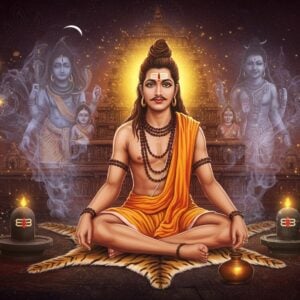 A serene portrait of Allama Prabhu, depicted as a distinguished Shaivite saint with long matted hair and vibrant tilak on forehead, wearing simple white dhoti and rudraksha malas, seated in padmasana on a tiger skin. Behind him, a translucent family tree emerges in golden light, showing silhouettes of his father Nirmalashiva and mother Srimati. The scene is set in front of a traditional 12th century Karnataka temple architecture with intricate carvings. Soft ethereal light bathes the scene, with floating Shiva lingams and Sanskrit verses appearing as glowing orbs. The background features a blend of Madhubani and Pattachitra art styles, with detailed patterns in deep maroon and peacock blue. Mystical smoke wisps and golden sparkles add a supernatural element. A glowing crescent moon above his head symbolizes his spiritual enlightenment. The overall composition should have a dream-like quality while maintaining historical accuracy of the Virashaiva movement period.