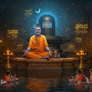 A mystical scene depicting Allama Prabhu in traditional Shaivite attire with vibrant saffron robes, seated in lotus position on a stone platform adorned with intricate Hoysala-style carvings. His face radiates divine wisdom with a serene expression, third eye prominently visible. Behind him rises a massive bronze Shiva lingam emanating ethereal blue light. The background features a blend of ancient Karnataka temple architecture and modern geometric patterns. Floating vachanas in stylized Kannada script transform into golden light particles around him. The scene is illuminated by both traditional oil lamps and modern light orbs, creating a dramatic interplay of light and shadow. The color palette combines deep maroons, ochre yellows, and metallic golds with modern neon blues. In the foreground, a reflective pool shows rippling images of contemporary Karnataka youth reading ancient texts. The art style merges traditional Pattachitra techniques with digital surrealism, emphasized by floating mandalas and sacred geometry patterns. The atmosphere suggests timelessness, with ancient wisdom flowing into modern consciousness.