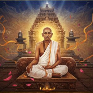 A mystical scene depicting Allama Prabhu in traditional white dhoti and shawl, seated in deep meditation on a carved stone platform adorned with Kannada-style architectural motifs. His face radiates divine light with eyes closed in tranquil meditation. Around him, multiple translucent layers of ethereal mandalas in gold and deep blue spiral outward. The background features the iconic Anubhava Mantapa of Kalyana in a dreamlike state, with floating Shiva lingams and mystical symbols. Soft rays of golden light pierce through swirling spiritual energy visualized as flowing ribbons in saffron and azure. The scene includes subtle representations of his famous vacanas through abstract geometric patterns. The art style combines traditional Indian Mysore painting techniques with modern digital art aesthetics, featuring rich jewel tones of deep maroon, celestial blue, and burnished gold. The overall composition creates a surreal, otherworldly atmosphere with floating lotus petals and glowing orbs of light, emphasizing both the philosophical depth and spiritual heights of Allama Prabhu's teachings.