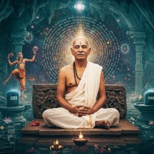 A serene, mystical portrait of Allama Prabhu in traditional white dhoti, seated in padmasana on a carved stone platform against a cosmic backdrop. His face radiates divine light, eyes half-closed in deep meditation. Above him, a swirling galaxy of Kannada Vachanas transforms into golden light particles. The scene is set in a surreal cave temple with floating Shiva lingams emanating blue aura. Multiple translucent layers show him dancing, teaching, and in meditation, creating a time-transcending effect. In the foreground, intricately detailed Madhubani-style patterns merge with modern geometric designs. The color palette combines deep indigos and teals with metallic gold accents. A subtle holographic interface frames the scene, suggesting future technology meeting ancient wisdom. The lighting is ethereal with soft glows and rim lighting. Style combines hyperrealistic digital art with traditional Indian mystical iconography. The composition includes floating lotus flowers, subtle mandalas, and waves of spiritual energy in pastel hues.