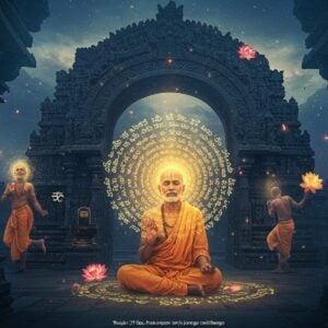 A serene portrait of a mystic saint in traditional Indian attire, seated in deep meditation under a massive ancient stone temple arch, his face illuminated by ethereal golden light. He's surrounded by swirling, luminescent Kannada script that transforms into abstract patterns and mandalas. The background features the iconic architecture of 12th century Kalyana, with intricate stone carvings merging into cosmic spirals. Multiple translucent layers show the saint in different poses - dancing, singing, and in contemplation. Floating mystical symbols including the Shiva lingam and crescent moon emerge from a misty background. The color palette combines deep indigos and midnight blues with touches of molten gold and saffron. Delicate lotus flowers in various stages of bloom float around him, some transforming into geometric patterns. The lighting creates a dramatic contrast between light and shadow, with soft rays filtering through temple pillars. Art style combines traditional Hoysala temple art with modern digital surrealism, emphasizing spiritual radiance and transcendental beauty. The scene should have a dream-like quality with particles of light scattered throughout.