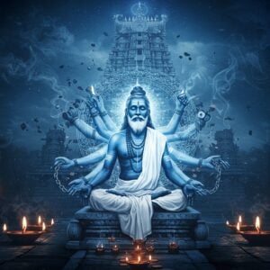 A mystical scene depicting a sage-like figure resembling Allama Prabhu in traditional white dhoti, seated in padmasana on a carved stone platform, emanating ethereal blue-white light. His eyes are closed in deep meditation, with intricate Shaivite tilak on forehead. Around him, multiple translucent layers of sacred geometric patterns and Kannada-style artistic motifs float in concentric circles. The background shows a grand Shiva temple architecture transforming into flowing light particles. In the foreground, traditional oil lamps merge with modern light orbs, creating a bridge between ancient and contemporary. The scene is rendered in rich indigo blues, deep golds, and soft whites. Multiple ghostly hands emerge from the sage, breaking chains and removing barriers, symbolizing social reform. The art style combines traditional Hoysala temple art patterns with modern digital aesthetics, featuring both sharp details and ethereal lighting. The atmosphere is surreal yet serene, with subtle smoke tendrils and floating lotus petals adding movement to the composition.