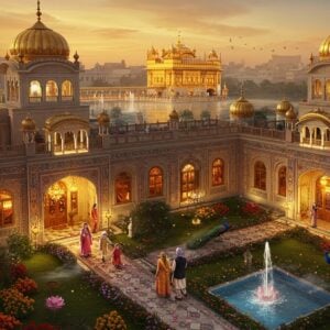 A majestic aerial view of a luxurious Punjabi-style haveli with golden domes and intricate Sikh architectural details, illuminated by warm sunset light. The building features ornate arches, detailed frescoes, and traditional jharokhas with modern glass elements. In the foreground, a serene garden with flowing fountains and blooming marigold flowers. The Golden Temple glows magnificently in the background distance, creating a ethereal connection. The scene is composed in rich colors - deep saffron, royal blue, and gold, with modern LED lighting highlighting the architectural features. Floating lotus petals and peacocks add traditional elements. A well-dressed Sikh family in contemporary attire walks through the garden pathway. The overall atmosphere combines traditional Punjabi heritage with modern luxury, rendered in a photorealistic style with magical lighting effects. The composition includes soft fog effects and subtle golden particle effects in the air, suggesting divine presence. Art style should blend traditional Phad painting techniques with modern digital art aesthetics, emphasizing both grandeur and warmth.