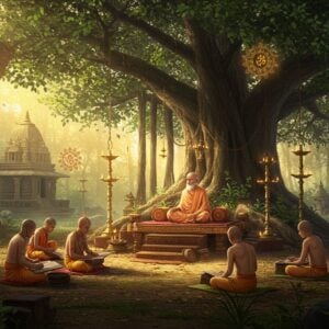 A serene ancient Indian forest clearing illuminated by golden morning sunlight, where a wise guru in ivory-colored dhoti and angavastram sits cross-legged on an ornate wooden platform beneath a massive sacred banyan tree decorated with hanging brass oil lamps. Young disciples in simple cotton dhotis sit in a semi-circle, some writing on palm leaves, others studying ancient manuscripts. The scene is framed by intricately carved stone pillars featuring Madhubani-style patterns. In the background, a traditional temple-like structure with detailed architecture merges with the forest. Floating ethereal mandalas in soft gold and saffron colors hover in the air, casting gentle light. Sacred threads and meditation beads are visible. The atmosphere is mystical with subtle morning mist and rays of light filtering through the banyan leaves. The color palette includes deep maroons, forest greens, and warm golds. Vedic symbols and Sanskrit-inspired patterns float as translucent elements in the air. The art style combines hyperrealistic digital painting with traditional Indian Pattachitra elements, creating a harmonious blend of ancient and modern aesthetics.