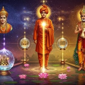 A majestic digital illustration showing ancient Indian philosophers arranged in a sacred geometric pattern against a cosmic backdrop. In the center, Swami Vivekananda stands tall in his iconic saffron robes and turban, radiating golden light. To his right, Chanakya in royal advisor's attire holds his famous text Arthashastra, surrounded by peacock feathers and ancient scrolls. The scene features floating crystal spheres containing glimpses of their teachings - one showing a chess board representing strategic thinking, another showing a lotus representing spiritual awakening. The background transitions from deep indigo to warm gold, with intricate Madhubani-style patterns and contemporary sacred geometry. Ethereal light beams connect the philosophers, symbolizing the flow of wisdom. The foreground features a reflective pool with floating lotus flowers in pastel pink and blue. Ornate mandalas hover in the air, their patterns mixing traditional Indian motifs with modern gradient effects. The overall composition has a surreal, mystical quality with high contrast lighting, deep shadows, and glowing highlights. Art style combines hyperrealistic digital painting with traditional Indian art elements, rendered in rich jewel tones of maroon, royal blue, and burnished gold.