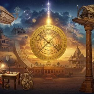 A grand collage-style composition merging ancient Indian scientific instruments with cosmic elements, centered around a intricately detailed golden astrolabe with Sanskrit markings. In the foreground, a realistic representation of the iron pillar of Delhi stands tall, its rust-resistant surface gleaming. To the left, an ancient Indian surgeon performs ayurvedic surgery using bronze tools while surrounded by a soft, ethereal glow. The right side features the Pushpaka Vimana depicted as a magnificent flying vessel with ornate details and mechanical components. In the background, architectural marvels like stepped wells and the precise astronomy instruments of Jantar Mantar emerge from swirling cosmic clouds in deep indigo and gold. Sacred geometry patterns and Vedic mathematical formulas flow like energy streams throughout the scene. The lighting creates a dramatic interplay of shadow and illumination, with warm golden light emanating from the central astrolabe. The style combines hyperrealistic rendering with traditional Madhubani patterns in the details, all in a rich color palette of deep blues, burnished gold, copper, and earthy terracotta. Floating crystal-like sacred geometry forms and mathematical yantras add a mystical dimension, while the overall composition maintains scientific precision and accuracy.