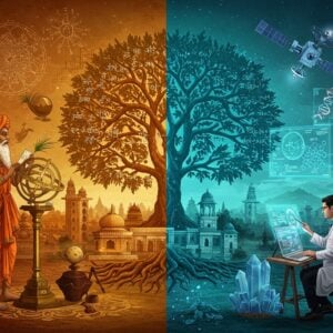 A mesmerizing split-screen composition depicting ancient and modern India seamlessly blending together. On the left, an ancient Indian sage in traditional dhoti studying celestial patterns using brass armillary sphere and palm leaves, surrounded by intricate Madhubani-style geometric patterns. On the right, a modern Indian scientist in contemporary attire working with holographic displays showing DNA structures and quantum equations. The center features a golden Tree of Knowledge with roots showing ancient Sanskrit mathematical formulas transforming into binary code through its branches. Ancient astronomical instruments like Jantar Mantar structures morph into modern telescopes and satellites. Floating crystals and sacred geometry patterns in peacock blue and saffron connect both worlds. The background shows a gradient from warm earthy tones (ancient) to cool teals and electric blues (modern). Ethereal golden light illuminates the entire scene with subtle mandala patterns. Traditional Indian architectural elements blend with futuristic designs. The scene includes subtle references to ancient innovations like zero, decimal system, and Ayurvedic herbs transitioning into modern medical equipment. Art style combines traditional Pattachitra techniques with sleek digital art aesthetics, hyper-detailed, cinematic lighting, photorealistic textures.