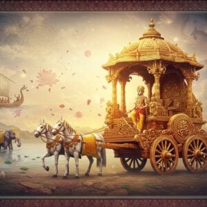 A majestic ancient Indian chariot in gold and crimson, intricately carved with peacock motifs and Sanskrit symbols, emerging from a swirling Madhubani-style backdrop. The chariot is pulled by two powerful white horses with decorated manes and golden armor. A noble Indian warrior in royal attire stands confidently, holding golden reins. Behind the chariot, a dreamy landscape transitions through different transport eras - wooden boats with silk sails gliding on crystalline rivers, decorated elephants with gemstone-studded howdahs, and bronze-wheeled bullock carts on ancient trade routes. The scene is illuminated by a warm, ethereal glow, with floating lotus petals and spiral mandalas in soft pastel blues and golds. Traditional Pattachitra-style border patterns frame the scene, featuring intricate geometric designs in deep maroon and peacock blue. Mystical light rays filter through creating a surreal, timeless atmosphere. The art style combines photorealistic details with ethereal Indian traditional art elements, rendered in high-definition digital art.