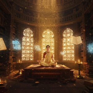 A mystical ancient Indian library setting with golden-hued sunlight streaming through ornate latticed windows, illuminating a central ethereal figure of a young Indian scholar in traditional cream dhoti and angavastram. She sits cross-legged on an intricately carved wooden platform, surrounded by floating, glowing manuscripts in various ancient scripts - Sanskrit, Pali, Tamil Brahmi, and Prakrit. The manuscripts emit a soft, magical blue-white light, with the text transforming into spiraling, dancing patterns of peacock feathers and lotus motifs. Around her, multiple levels of curved bookshelves extend infinitely, decorated with Madhubani-style patterns. Floating oil lamps with soft orange flames create a warm atmosphere. The scene includes subtle references to ancient learning centers like Nalanda, with architectural elements featuring detailed stone carvings. The color palette combines deep indigos, royal golds, burnt oranges, and ethereal whites. The art style merges hyperrealistic digital rendering with traditional Pattachitra patterns, creating a surreal, timeless atmosphere. Particles of golden light float through the air, resembling both fireflies and ancient Sanskrit letters.