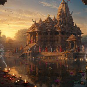 A grand, ethereal scene featuring an ancient Indian temple complex at sunrise, with golden rays filtering through morning mist. The main temple, inspired by Khajuraho architecture, rises majestically with intricate carved spires and detailed sculptures. Multiple levels of ornate architecture showcase traditional Nagara style. In the foreground, a serene reflective pool mirrors the temple, creating perfect symmetry. Stone steps leading to the temple are adorned with lit brass diyas, creating a path of golden light. Floating lotus flowers and rose petals scatter across the water's surface. The scene is enhanced by swirling patterns of incense smoke forming mystical mandalas in the air. Sacred symbols like Om and Sri Yantra appear subtly in the architecture. The color palette includes deep maroons, burnished golds, and rich earth tones, with hints of celestial blue in the dawn sky. Devotees in traditional Indian attire are seen performing morning rituals in reverent poses. Intricate Madhubani-style patterns frame the scene, merging with modern digital art techniques. The lighting is dramatic yet spiritual, with divine rays highlighting the temple's architectural features. A few peacocks grace the temple steps, adding royal elegance to the scene.