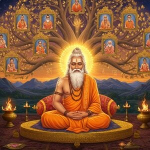 A majestic scene depicting the ancient sage Angiras seated in padmasana on a golden lotus platform, radiating divine light, wearing saffron robes adorned with Vedic patterns. His long white beard flows ethereally, and a celestial aura surrounds him. Above him, a cosmic tree of lineage emerges, with branches made of streaming golden light, featuring miniature portraits of his descendants - Brihaspati, Agni, and the Angirasa rishis. The background shows a mystical Himalayan landscape with sacred fires burning in ornate brass vessels. Intricate Madhubani-style patterns in deep indigo and maroon form the border. The scene includes symbolic elements: seven flames representing the seven great sages, constellation patterns of the Nakshatras, and vedic manuscripts floating in spiral patterns. The lighting is ethereal with golden hour warmth, creating a dramatic interplay of light and shadow. The art style combines traditional Indian miniature painting techniques with modern digital fantasy art aesthetics, rendered in rich colors of saffron, deep blue, and burnished gold.