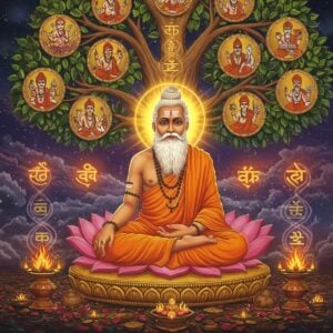 A majestic ancient Indian sage with long flowing white beard, dressed in saffron robes, seated in padmasana on a golden lotus platform, radiating divine light. He is Maharishi Angiras, depicted with sacred thread across his chest, holding a kamandalu in one hand and vedic texts in another. Behind him rises a massive cosmic tree of knowledge with glowing branches containing intricate Madhubani-style illustrations of seven great sages. The scene is set in a celestial realm with swirling golden energy patterns and floating Sanskrit letters transforming into various surname constellations. Multiple small vignettes in Pattachitra style showing scenes of vedic learning, fire rituals, and astronomical observations border the composition. The color palette features deep maroons, cosmic blues, and radiant golds. Ethereal smoke from sacred fires forms DNA-like spiral patterns, symbolizing ancestral lineage. The lighting is otherworldly with soft glowing halos and sparkles of divine energy throughout. Floating lotus petals and geometric mandala patterns add depth and movement. The art style seamlessly blends traditional Indian iconography with modern digital fantasy aesthetics.