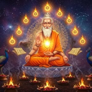 A majestic Indian sage with long white beard and flowing saffron robes seated in padmasana on a crystalline lotus platform, radiating intense golden light. Seven flames dance around his head representing the Saptarishis. His hands form mudras while ancient Sanskrit manuscripts float ethereally around him. The background features a cosmic scene with stars, nebulae, and constellations in deep indigo and purple hues. Sacred fire altars with rising smoke create spiraling patterns in the foreground. Traditional Vedic geometric patterns and yantra designs in gold and copper float in the atmosphere. The scene is illuminated by both celestial light and the warm glow of sacred fires. Two peacocks with elaborate plumage frame the sage. Delicate wisps of incense create mystical patterns in the air. Art style combines hyperrealistic digital rendering with traditional Madhubani patterns, featuring rich jewel tones of maroon, deep blue, and burnished gold. Multiple layers of translucent mandalas create depth in the background. The overall composition suggests deep wisdom and spiritual power.