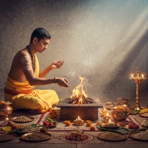 A serene indoor temple setting with a young Indian priest performing an intricate Vedic ritual, his hands positioned in precise mudras over a glowing golden sacred fire (agni). The priest wears traditional white dhoti with an angavastram, and has tilak on his forehead. Sacred implements like copper kalash, brass bells, and ceremonial spoons are arranged methodically around him. Behind him, an ethereal translucent mandala pattern emerges, featuring intricately detailed Sanskrit geometric patterns in soft gold light. Multiple levels of reality are depicted - the physical realm showing the ritual, and a subtler dimension showing flowing energy patterns and divine vibrations in pastel blues and purples. Soft light streams through temple windows, creating dramatic god rays. The foreground features carefully arranged ritual items - flowers, fruits, and grains in traditional patterns following Vedic geometry. The scene is rendered in a style blending photorealistic details with mystical Indian art elements, incorporating both Madhubani patterns and modern digital art techniques. The overall color palette features deep maroons, burnished golds, and ethereal blues, with smoke from the sacred fire creating mysterious patterns in the air.