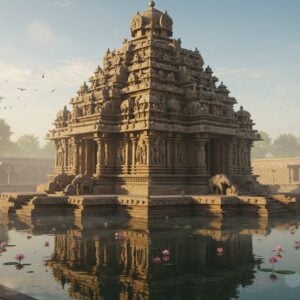 A majestic Hoysala-era temple complex emerging from morning mist, featuring intricate soapstone architecture with detailed wall carvings and sculptures. The temple's stunning stellate platform base leads to an ornate vimana with layered horizontal friezes depicting scenes from Hindu mythology. The façade showcases intricate carvings of elephants, horses, and celestial figures in traditional Hoysala style. Ethereal golden morning light illuminates the sculptural details, creating dramatic shadows. In the foreground, a serene water reflection pool mirrors the temple's unique star-shaped structure. Surrounding the temple are blooming lotus flowers and traditional deepa-stambhas (lamp posts) with glowing oil lamps. The scene incorporates modern digital art techniques with traditional Indian artistic elements, featuring a color palette of warm sandstone, deep gold, and subtle blues. Soft particle effects and lens flares enhance the mystical atmosphere while maintaining historical accuracy. Ultra-detailed, cinematic lighting, photorealistic textures, architectural photography style --ar 16:9