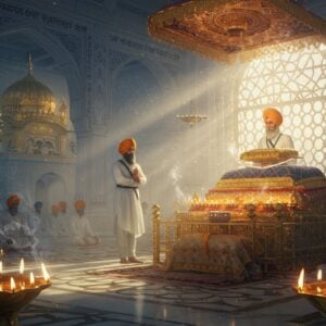 A serene Sikh prayer scene inside a grand, ethereal Gurudwara with soaring golden domed architecture, intricate geometric patterns on marble floors. A devout Sikh man in traditional white kurta and saffron turban stands with folded hands, eyes closed in deep prayer, his face radiating divine peace. Behind him, the Guru Granth Sahib rests on an ornate golden palki decorated with intricate floral patterns. Soft rays of morning light stream through large arched windows, creating dramatic god-rays that illuminate floating particles of incense smoke. The scene is surrounded by glowing mandalas and geometric patterns inspired by Sikh architecture. In the background, other devotees are seated in meditation. The color palette focuses on whites, deep blues, and rich golds. The art style combines photorealistic details with ethereal lighting and surreal elements, creating a spiritual atmosphere. Multiple brass oil lamps cast a warm golden glow across the scene. The Khanda symbol subtly appears in the architectural details. Hyperrealistic digital art with atmospheric lighting, 8k resolution, cinematic composition.