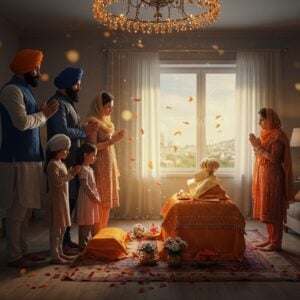A serene Indian family in a modern living room performing Ardās, standing with folded hands and bowed heads before a beautifully decorated home altar. The altar features the Guru Granth Sahib on an elevated platform covered with rich saffron cloth and adorned with fresh flowers. The family members are dressed in traditional Sikh attire - the father wearing a neat turban and kurta, mother in a graceful salwar kameez, and children in contemporary Indo-western clothes. Soft golden light streams through a window, creating a peaceful ambiance. The room has minimalist décor with subtle Sikh motifs, including the Khanda symbol delicately painted on a wall. A pattern of floating marigold petals and ethereal light particles surrounds the family. The scene is rendered in a contemporary digital art style with a warm color palette of deep blues, saffron, and gold, incorporating traditional Phad art elements in the background details. The overall composition emphasizes spirituality, family unity, and modern devotional practice.
