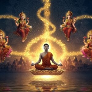 A serene Indian businessman in modern attire seated in padmasana on a luminous lotus platform, floating above a cityscape blending ancient Indian architecture with futuristic skyscrapers. His hands form the Kubera mudra, with golden light emanating from his palms. Around him, four ethereal manifestations of Lakshmi in traditional form hover, each holding different symbols of prosperity - gold coins, jewels, grains, and sacred texts. The background features a large, intricate mandala in metallic gold and deep blue, incorporating modern financial symbols like graphs, currencies, and digital elements. Multiple streams of golden light spiral upward, transforming into material symbols of success - luxury cars, homes, and technology. The scene is illuminated with a warm, prosperous golden glow, while maintaining Madhubani-style patterns in the details. Crystal clear water flows beneath, reflecting the scene in ripples of prosperity. The color palette combines rich gold, royal purple, deep maroon, and peacock blue, with modern metallic accents. The style merges hyperrealistic digital art with traditional Indian artistic elements, creating a harmonious blend of ancient wisdom and contemporary success.