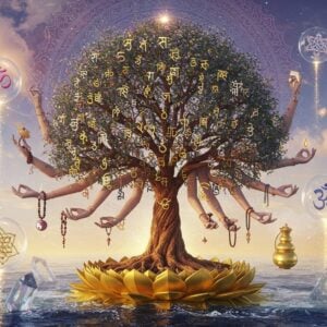 A surreal, ethereal scene showing a majestic cosmic tree of life, its branches forming intricate Sanskrit letters that morph into various cultural scripts (Chinese, Arabic, Greek, Hebrew). The tree grows from a golden lotus base, with roots made of flowing water in deep indigo. Around the tree, floating crystalline spheres contain different cultural symbols - a yin-yang, Om symbol, Celtic knots, and Egyptian ankh, all connected by streams of golden light. The background features a large, detailed mandala in Madhubani style with peacock blue and deep maroon hues. Multiple hands in mudras emerge from the tree's trunk, each holding different cultural artifacts - a scroll, a quill, prayer beads, and ancient coins. The scene is illuminated by soft, glowing orbs of light in pastel pink and gold. Floating sacred geometry patterns and Pattachitra-style decorative elements frame the composition. The art style combines hyperrealistic digital rendering with traditional Indian art motifs, creating a dreamlike, mystical atmosphere. The overall color palette focuses on rich golds, deep blues, and soft pastels, with intricate patterns and textures throughout.