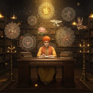 A mystical ancient Indian library setting with golden-hued ambient lighting, featuring a young Indian scholar in contemporary clothes seated at an ornate wooden desk. The desk is adorned with intricately carved Sanskrit verses in gold. Floating around him are multiple translucent layers of metaphorical imagery - a shimmering golden lotus transforming into a radiant sun, a peaceful dove morphing into a majestic mountain, and flowing water taking the shape of a dancing figure. These transformations are rendered in a blend of traditional Madhubani art style with modern digital gradients. The background features floor-to-ceiling bookshelves with ancient palm leaf manuscripts and modern books, connected by streams of glowing golden light. Ethereal mandalas float in the air, each containing miniature scenes showing different metaphors. The color palette focuses on deep royal blues, burnished gold, and warm amber, with accent colors of peacock green and saffron. The scene is illuminated by both traditional brass oil lamps and modern pendant lights, creating an interplay of traditional and contemporary elements. Soft particle effects and golden dust motes swirl in the air, adding to the magical atmosphere.