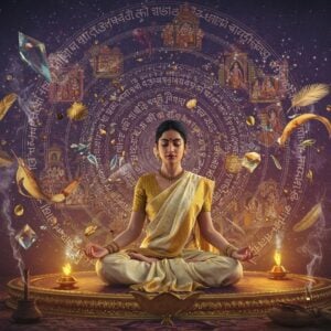 An ethereal scene depicting a graceful Indian woman in a flowing ivory silk saree with gold border, seated in padmasana on a golden lotus platform. She's surrounded by swirling, translucent Sanskrit verses that transform into visual metaphors - peacocks, lotuses, and celestial bodies, rendered in deep indigo and burnished gold. The background features a large, intricate mandala pattern incorporating traditional Madhubani art elements, with concentric circles containing miniature scenes from classical Sanskrit literature. Floating crystalline prisms refract light, creating rainbow patterns that interact with the Sanskrit forms. The woman's hands are positioned in chin mudra, with floating golden quills and ancient palm leaves orbiting around her. The lighting is mystical, with soft amber and purple hues creating a dreamlike atmosphere. The art style combines hyperrealistic digital rendering with traditional Indian miniature painting techniques, featuring rich jewel tones and metallic accents. Delicate paisley patterns and geometric motifs float in the ethereal space, while subtle smoke trails carry the essence of sandalwood and lotus incense.