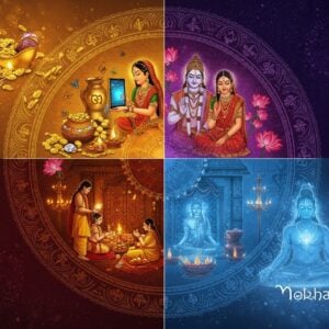 A majestic circular mandala divided into four distinct segments, each representing the purusharthas. In the first quadrant (Artha), golden coins, jewels, and modern technology symbols float in a rich saffron backdrop. The second quadrant (Kama) features a loving Indian couple in contemporary attire amidst blooming red lotus flowers and butterflies. The third quadrant (Dharma) shows a modern Indian family performing puja before a garlanded temple door with warm diyas floating around. The fourth quadrant (Moksha) depicts a serene meditating figure in lotus position, surrounded by ethereal blue light and ascending spiritual energy streams. The entire mandala is framed by intricate Madhubani-style borders with peacock motifs and sacred geometric patterns. The background features a gradient from deep midnight blue to cosmic purple, with subtle sacred Sanskrit symbols floating in the space. Soft golden light emanates from the center of the mandala where all four sections meet, symbolizing unity of purpose. The art style combines traditional Indian Pattachitra techniques with modern digital art aesthetics, using a color palette of deep maroon, royal blue, saffron, and metallic gold accents. The overall composition has a dreamy, ethereal quality with floating light particles and subtle sacred geometry overlays.