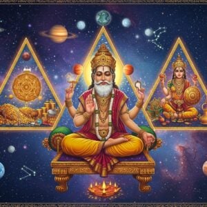 A mystical Indian astrologer in rich silk dhoti and angavastram, seated in padmasana on an ornate golden throne, surrounded by three ethereal, glowing triangular portals forming a perfect trikona. The central figure radiates divine wisdom with a serene expression and tilak on forehead. Each portal reveals distinct scenes: the first shows gleaming gold coins, gems and treasures (2nd house), the second displays protective shields and armors with healing herbs (6th house), and the third reveals cosmic career symbols like crowns and professional tools (10th house). Floating sacred geometry patterns and Vedic yantras in metallic copper and gold interweave throughout. The background features a cosmic space with constellations, zodiac symbols, and swirling nebulas in deep indigo and royal purple. Multiple planets align in significant positions, their orbits traced in shimmering golden light. Intricate Madhubani-style borders frame the scene with traditional motifs. The lighting is mystical with spots of divine light illuminating key elements. The overall color palette includes deep royal blues, metallic golds, rich purples, and touches of cosmic turquoise, creating a harmonious blend of traditional and contemporary cosmic aesthetics.