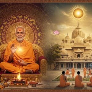 A majestic portrait composition showing Swami Shraddhanand in traditional saffron robes seated in padmasana on an ornate marble platform, radiating divine golden light. Behind him, a large, intricate mandala pattern combines Vedic symbols with modern geometric designs in deep maroon and gold. The scene is split into two halves - the left side shows traditional Vedic scenes with a sacred fire (havan), Sanskrit texts, and devotees performing meditation, while the right side transitions into a modern 2025 setting with young Indians in contemporary clothes studying ancient texts on holographic displays. Floating lotus flowers and light orbs connect both timelines. The background features the iconic Arya Samaj architecture merging into modern minimalist buildings. Soft ethereal lighting bathes the scene in warm golden hues. The art style combines traditional Madhubani patterns in the borders with hyperrealistic digital rendering, creating a seamless blend of ancient wisdom and futuristic elements. The composition includes subtle motifs of the sun, symbolizing enlightenment and knowledge, with swirling energy patterns connecting past to present.