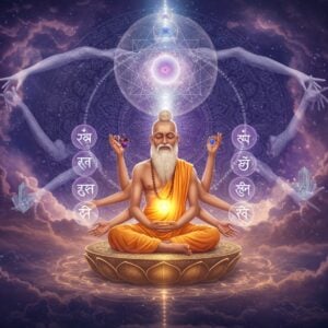 A serene Indian sage with eight physical bends (Ashtavakra) seated in padmasana on a cosmic lotus platform, emanating golden light. His face reflects deep wisdom and peace. Above him, a ethereal visualization shows multiple translucent layers of consciousness merging into one pure light. Around him, eight glowing Sanskrit symbols float in a circular pattern. The background features a large, intricate mandala in deep indigo and gold, with sacred geometric patterns. Floating crystal-like structures represent different states of consciousness. Soft rays of divine light pierce through cosmic clouds. The scene is rendered in a blend of traditional Madhubani art style with modern digital aesthetics, using rich colors like deep purple, celestial blue, and burnished gold. Multiple ethereal hands reaching towards a central point of pure white light symbolize the journey to self-realization. The overall composition has a dreamy, transcendental quality with particle effects and subtle sacred geometry patterns throughout.