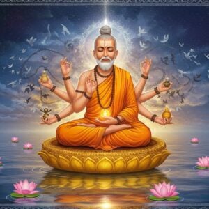 An ethereal scene depicting the sage Ashtavakra, with a serene expression and body bent in eight places, seated in padmasana on a golden lotus platform floating above calm, reflective waters. He appears as a young wise man with traditional Indian features, wearing saffron robes with intricate Madhubani-style patterns. His hands are in chin mudra, surrounded by a glowing mandala of pure consciousness represented by concentric circles of white light. In the background, multiple translucent layers show a soul's journey from bondage to liberation - starting with dark, tangled chains that gradually transform into soaring birds and finally into pure light. The scene is bathed in a soft, otherworldly glow with colors transitioning from deep indigo to celestial gold. Floating lotuses, each containing a small mirror reflecting pure consciousness, dot the water surface. The art style combines traditional Indian Pattachitra techniques with modern digital art, creating a surreal, spiritual atmosphere. The entire scene is framed by intricate sacred geometry patterns in gold and silver, symbolizing the mathematical perfection of ultimate truth.