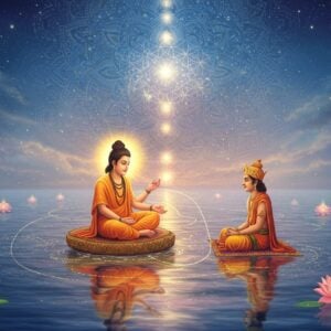 A serene spiritual scene showing a young Indian sage Ashtavakra, with his characteristically bent body in eight places, seated in padmasana on a lotus platform floating above calm waters. He emanates a soft golden aura while teaching his disciple King Janaka, who sits attentively before him. Both figures are rendered in traditional Madhubani art style but with modern digital aesthetics. The background features a large, intricate mandala in shades of deep blue and gold, symbolizing cosmic consciousness. Ethereal light rays in pastel colors filter through translucent sacred geometry patterns. Multiple smaller lotuses float on the water surface, each containing subtle reflections of different states of consciousness. Flowing spiritual energy streams in forms of delicate light threads connect the guru and disciple. The water reflects a starlit sky, creating a mirror effect of infinity. The overall color palette includes deep indigo, burnished gold, soft azure, and touches of saffron, rendered in a dreamy, photorealistic style with subtle sacred geometry patterns integrated throughout the composition.