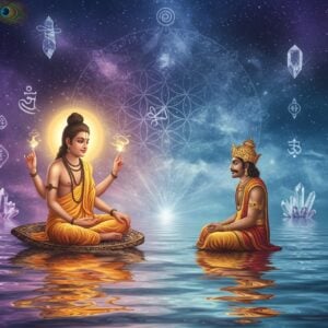 A serene composition showing a young Indian sage Ashtavakra with eight physical bends in his body, seated in padmasana on a lotus platform floating above calm rippling waters. He emanates a soft golden aura while teaching King Janaka, who sits attentively before him. The scene is set in an ethereal space with swirling mandalas and Sanskrit symbols dissolving into cosmic energy. The background features a large, translucent sacred geometry pattern in deep indigo and gold. Floating crystals and illuminated consciousness symbols surround them. The lighting is otherworldly with soft blues and purples blending into warm golds. The art style combines traditional Madhubani patterns in the clothing details with modern digital art techniques. Multiple layers of reality are shown through transparent overlays, suggesting the journey from illusion to self-realization. Intricate peacock feather motifs and lotus patterns adorn the borders. The overall mood is mystical and transcendent, with a contemporary aesthetic appeal.