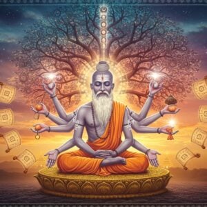 A serene Indian sage with eight physical bends in his body representing Ashtavakra, seated in padmasana on a golden lotus platform, emanating a subtle blue-white spiritual aura. His expression is deeply peaceful and enlightened. Behind him, a massive ethereal tree of wisdom with branches forming intricate Sanskrit-style patterns in gold and saffron. Multiple translucent layers of reality spiral around him, each containing different interpretations of the same truth, rendered in varying shades of peacock blue, deep maroon, and copper gold. Floating sacred scrolls with glowing edges surround the scene. The background features a mystical sunrise with soft pastel colors merging into deeper cosmic hues. Mandala patterns with geometric precision float in the air, interconnected by streams of golden light. Traditional Madhubani-style borders frame the entire scene, but with a modern digital gradient effect. The lighting is dramatic yet soft, creating an atmosphere of profound wisdom and spiritual depth. Hyperrealistic digital art style with Indian traditional art influences.