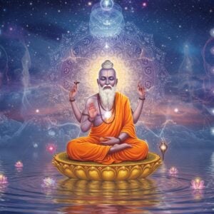 A serene Indian sage Ashtavakra, with eight physical bends in his body, seated in padmasana on a golden lotus platform floating above calm rippling waters. He radiates divine light in soft saffron and azure hues. His face exhibits profound peace and wisdom. Above him, a large intricate mandala formed by interweaving Sanskrit symbols dissolves into cosmic energy. The background features a surreal landscape with floating geometric shapes representing different states of consciousness. Multiple translucent layers of reality bend and merge, suggesting the illusory nature of existence. Small ethereal lotuses and light orbs float around him. The art style combines traditional Madhubani patterns in the sage's robes with modern digital art techniques. The color palette includes deep indigos, celestial blues, molten golds, and soft white glows. The lighting is ethereal and dreamlike, with light rays emerging from the sage's heart chakra. Intricate sacred geometry patterns float in the background, while subtle smoke-like wisps form the shapes of seekers finding their path to enlightenment.