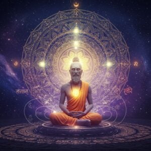 A serene Indian sage with a deformed body representing Ashtavakra sits in padmasana on a cosmic lotus platform, his face radiating divine wisdom and inner peace. Behind him, a large, intricate mandala in gold and deep blue symbolizing consciousness expands into the infinite space. Multiple ethereal translucent layers show the journey of self-realization - from a bound figure gradually transforming into pure light. Sacred geometry patterns and Sanskrit symbols float in a spiral around the scene. The color palette transitions from deep indigo and royal purple at the bottom to celestial gold and white at the top. Soft orbs of light and subtle energy threads connect different elements. Modern minimalist design elements blend seamlessly with traditional Madhubani patterns. The lighting creates a transcendental atmosphere with a gentle golden glow emanating from the sage's heart center. Hyperrealistic digital art style with surreal elements, 8k resolution, cinematic lighting.