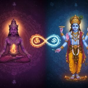 A dramatic ethereal scene showing two distinct circular mandalas side by side, the left mandala glowing in deep indigo and gold representing Ashtavakra Gita, the right in celestial blue and saffron representing Bhagavad Gita. In the left mandala, Ashtavakra appears in meditation pose with four-pointed lotus crown, eyes closed in serene expression. In the right mandala, Krishna appears in his divine form with four arms holding conch, discus, lotus and mace, speaking to Arjuna. Both figures rendered in intricate Madhubani-inspired patterns. Between them, a sacred thread of light interweaves forming the infinity symbol, decorated with small lotuses and Om symbols. The background features a cosmic gradient from deep purple to golden dawn, with subtle sacred geometry patterns. Floating spiritual symbols like the Sri Yantra and Swastika appear as translucent overlays. The scene is illuminated by divine light rays emerging from both central figures, creating a harmonious blend of traditional Indian artistry and modern digital aesthetics. The overall composition emphasizes the unity and interconnectedness of both spiritual texts through sophisticated visual symbolism.