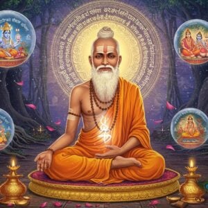 A serene Indian sage with eight distinct bends in his body seated in padmasana on a golden lotus platform, radiating divine wisdom through a subtle golden aura. His face bears a gentle, enlightened smile despite his physical condition. He wears traditional saffron robes with intricate Madhubani-style patterns. In the background, a large mandala forms a halo-like structure with Sanskrit verses flowing as ethereal light streams. The scene is set in an ancient ashram courtyard with mystical banyan trees whose roots form intricate patterns. Floating crystal-like spheres contain scenes from the dialogue between Ashtavakra and King Janaka. The lighting is otherworldly with soft blues and purples merging with warm golden hues. Peacock feathers and lotus petals float in the air. The entire composition combines traditional Pattachitra art elements with modern digital art techniques, creating a sophisticated spiritual atmosphere. The sage's eyes glow with divine knowledge, and small orbs of light surround him like stars.