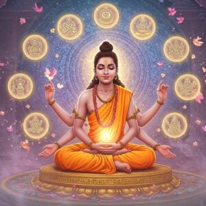A serene portrait of young Sage Ashtavakra with eight physical bends in his body, seated in padmasana on a golden lotus platform, emanating divine light. His face radiates wisdom beyond his years, with peaceful expression and eyes showing deep knowledge. He wears traditional saffron robes with intricate Madhubani-style patterns. Around him, eight ethereal golden rings float, each containing symbolic representations of his teachings. The background features a large, glowing mandala in peacock blue and gold, with Sanskrit verses flowing like water in spiral patterns. Soft orbs of light float around him, creating a mystical atmosphere. The scene is set in a stylized ancient Indian courtyard with ornate pillars decorated with traditional Pattachitra art motifs. Ethereal mist in pastel purples and blues swirls at his feet, while celestial flowers rain down from above. The lighting is warm and divine, creating a halo effect around his figure. The art style seamlessly blends traditional Indian art with modern digital fantasy aesthetics, rendered in high detail with surreal, dreamy quality.
