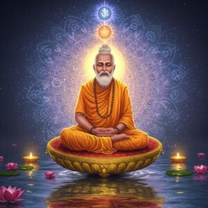 A serene Indian sage Ashtavakra with eight physical bends in his body, seated in padmasana on a golden lotus platform floating above calm reflective waters. His face radiates divine wisdom and inner peace, with a subtle golden aura surrounding him. He wears traditional saffron robes with intricate Madhubani-style patterns. In the background, a large ethereal mandala formed of interconnected consciousness symbols and sacred geometry patterns glows in soft blues and purples. Multiple translucent layers show the journey from individual consciousness to universal consciousness, depicted through ascending spirals of light. The scene is illuminated by warm, diffused light creating a mystical atmosphere. Floating lotus flowers, some closed and some blooming, represent the stages of spiritual awakening. The water below reflects the entire scene like a mirror, creating perfect symmetry. Art style combines traditional Indian miniature painting techniques with modern digital art, featuring rich jewel tones and subtle gradient lighting. Hyper-detailed, spiritual, contemplative mood, cinematic composition.
