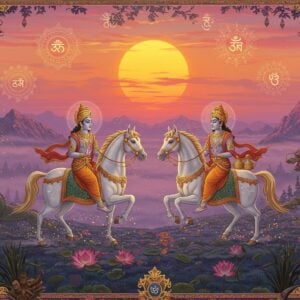 Two divine Vedic horsemen Ashvins riding celestial white horses with golden manes through a cosmic twilight sky, depicted in traditional Indian art style with modern digital aesthetics. The twins are handsome young men with identical features, adorned in flowing golden armor and celestial crowns. Their horses gallop across a surreal landscape where East meets West - Chinese dragons and Indian nagas intertwine in the background. The scene features a large rising sun in deep saffron emerging from misty Himalayan peaks. Intricate Madhubani-style patterns in gold and peacock blue frame the composition. The twins carry healing elixirs in ornate vessels. Lotus flowers and herbs float in the mystical atmosphere. Glowing mandalas and Sanskrit symbols appear ethereally in the sky. The lighting creates a dramatic dawn effect with soft pinks and golds. The overall scene should have a photorealistic quality while maintaining spiritual symbolism. The perspective should be slightly elevated to showcase the cosmic nature of the scene. Fine details include sparks of divine light trailing the horses' hooves and swirling celestial energies around the twin deities.