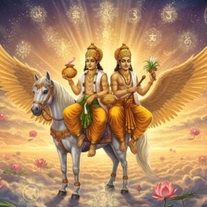 Two majestic divine physicians, the Ashwini Kumars, depicted as handsome young men with radiant golden complexions, wearing pristine white dhoti and angavastram adorned with intricate gold patterns. They ride on a magnificent white horse with golden wings against a celestial backdrop. Both wear identical golden crowns and carry ancient Ayurvedic healing implements - one holding a golden vessel of Amrita, the other wielding sacred herbs glowing with divine energy. Their faces reflect divine compassion and wisdom. The scene is set in a ethereal healing chamber with floating lotus flowers, glowing mandalas, and swirling magical healing energies in soft blues and golds. Ancient Sanskrit symbols of healing float in the air. The lighting is otherworldly with warm golden rays emanating from behind them, creating a divine aura. The art style combines traditional Indian Pattachitra patterns with modern digital fantasy aesthetics, emphasizing the mystical healing powers through luminescent effects and particle systems. Their horse stands majestically on clouds tinged with sunrise colors, symbolizing hope and healing.