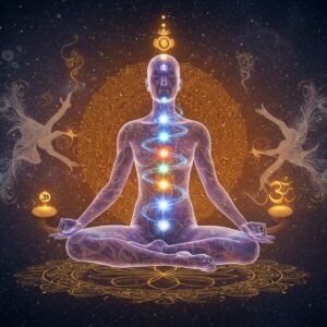 A serene Indian yogi in lotus position, floating ethereally against a cosmic backdrop filled with swirling golden energy patterns and sacred geometry. The yogi's body is semi-transparent, showing intricate chakra points glowing in vibrant colors along the spine. A luminous thread of breath energy, visualized as a shimmering blue-white light, spirals through the yogi's body, creating a visible Sushumna Nadi. The background features delicate Madhubani-style motifs of swirling winds and celestial bodies in soft pastels. Multiple translucent outlines of the yogi suggest the rhythmic stages of breath retention, each outline glowing with increasing intensity. Sacred symbols like Om and lotus patterns float in the space, rendered in metallic gold. The lighting is otherworldly, with soft ambient glow emanating from the yogi's core. The composition includes subtle mandala patterns in the background, executed in peacock blue and saffron. The yogi's expression is deeply peaceful, with a subtle golden aura surrounding their form. Hyperrealistic digital art style with spiritual and mystical elements.