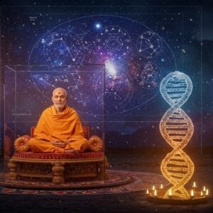 A serene Indian sage in traditional saffron robes meditating in a contemporary glass meditation chamber, surrounded by holographic Sanskrit texts floating in the air. The sage sits on an intricately carved wooden platform adorned with Madhubani-style patterns. Behind him, a large digital display shows the cosmic universe with constellations forming Hindu philosophical symbols. The scene is illuminated by both modern LED lighting and traditional oil lamps, creating a beautiful interplay of ancient and future. Swirling energy patterns in gold and deep purple represent the six orthodox schools of Hindu philosophy. In the foreground, a realistic 3D projection of a DNA helix intertwines with a golden serpent, symbolizing the bridge between ancient wisdom and modern science. The art style combines hyperrealistic digital rendering with traditional Indian Pattachitra patterns, featuring a color palette of deep indigo, burnished gold, saffron, and ethereal blue. Crystal clear sacred geometry patterns float in the background, while soft particle effects create a mystical atmosphere.