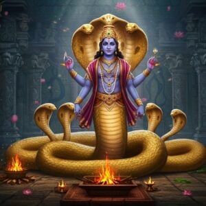 A majestic half-human, half-serpent being with the upper body of a handsome young Indian man and the lower body of a magnificent golden cobra, positioned regally in the center. He wears traditional royal garments adorned with precious gems, a golden crown with nagamani (snake jewel) glowing at its center. His serpentine lower half coils protectively around smaller nagas. The background features an ancient temple architecture with intricate Madhubani-style patterns depicting snake motifs. Ethereal light streams through temple pillars, creating a mystical atmosphere. In the foreground, a sacrificial fire altar glows with warm orange flames. The scene incorporates floating lotus flowers and sacred threads (yagnopavita). The color palette includes deep blues, royal purples, and gleaming gold, with accents of emerald green. The art style merges traditional Indian Pattachitra patterns with modern digital fantasy art, creating a surreal yet dignified atmosphere. Soft particle effects and glowing auras enhance the divine aspect.