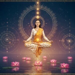 A serene Indian woman in lotus position floating above a reflective pool, her body emanating a soft golden aura. She wears flowing white and saffron meditation clothes with delicate Madhubani-style patterns. Multiple translucent circular mandalas of varying sizes orbit around her in shades of deep indigo, copper, and gold. The background features a gradient from deep peacock blue to soft rose gold, with ethereal wisps of light creating sacred geometry patterns. In the foreground, lotus flowers in various stages of bloom float on the water surface, each containing a small glowing orb representing different aspects of wellness - physical, mental, emotional, and spiritual. Intricate Pattachitra-style border elements frame the scene with contemporary minimalist interpretations of traditional motifs. The lighting is dreamy and atmospheric with gentle light rays filtering through, creating a sense of divine presence. The woman's expression is peaceful, with her eyes closed in deep meditation, and small particles of golden light spiral upward around her.
