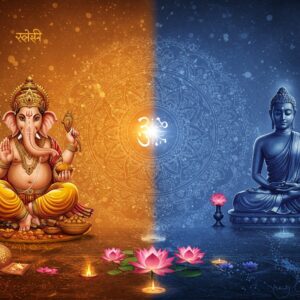 A symmetric spiritual artwork divided into two distinct halves, the left side depicting the Astika path with Lord Ganesha (four arms, holding modak, lotus, and axe), sacred Vedic texts, and a glowing Om symbol in saffron and gold hues. The right side showing the Nastika philosophy with Buddha in meditation pose, Mahavira in contemplation, and symbolic elements of materialism in deep blue and silver tones. The center features a large, intricate mandala where both sides blend, creating a harmonious gradient. Floating lotus flowers, spiraling sacred geometry patterns, and delicate light orbs connect both realms. The background includes subtle Madhubani-style patterns with contemporary digital glow effects. The scene is rendered in a modern digital art style while maintaining traditional Indian art elements, with a ethereal atmosphere enhanced by soft light rays and floating particles. The composition should be perfectly balanced, suggesting harmony between different philosophical viewpoints.