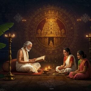 A serene scene of an elderly Tamil scholar in traditional white veshti and angavastram, seated cross-legged on an ornate brass lamp-lit wooden pial (traditional Tamil veranda), teaching young students. The scholar holds an ancient palm leaf manuscript with Tamil scripts visible. Behind him, a large, intricately detailed mandala in gold and deep maroon features Tamil architectural elements and temple motifs. The lighting is warm and mystical, with oil lamps casting a golden glow. Traditional kolam patterns in soft-glowing lines float ethereally in the background. The scene is framed by stylized banana leaves and contemporary geometric patterns inspired by Tamil architecture. The color palette combines deep peacock blues, earthy browns, and metallic golds. The art style merges traditional Tanjore painting techniques with modern digital art aesthetics, creating a surreal yet culturally authentic atmosphere. Multiple translucent layers of ancient Tamil manuscripts float in the air, their edges emitting a soft, spiritual light.
