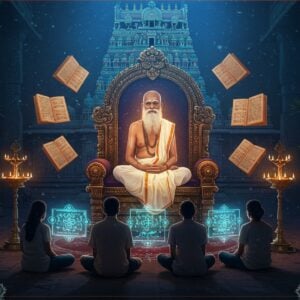 A majestic scene depicting an elderly Tamil sage in traditional white veshti and angavastram, seated cross-legged on an ornate bronze throne, illuminated by warm golden light. He's surrounded by floating, ethereal Tamil-style manuscripts with intricate Saurashtra patterns. The background features a grand Tamil temple architecture with modern gradient lighting in deep blues and purples. In the foreground, three young Indian students in contemporary clothes (jeans, kurtas) sit attentively, while holographic projections of ancient wisdom symbols float between them. The scene includes traditional Tamil elements like palm leaves, brass oil lamps, and kolam patterns, all rendered in a modern digital art style with subtle particle effects. The lighting creates a mystical atmosphere with soft glows and lens flares. The color palette combines traditional earthy tones (terra cotta, bronze, gold) with modern neon accents. The entire scene is framed by a mandala-inspired border featuring Tamil architectural motifs and peacock feather patterns. Style should blend traditional Tanjore painting techniques with contemporary digital art, maintaining high detail and atmospheric lighting.