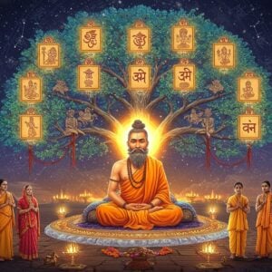 A majestic scene depicting Sage Atri, seated in meditation on a crystalline lotus platform, wearing saffron robes with intricate Madhubani-style patterns. His figure emanates a bright golden aura, with seven ancient manuscripts floating around him in a circular formation. Behind him, a large, ethereal family tree grows, its branches formed of flowing light in peacock blue and deep maroon, each branch ending in different traditional Indian family symbols representing various surnames. The tree's roots are intertwined with sacred Sanskrit symbols. In the foreground, three generations of modern Indian families in contemporary clothing stand respectfully, connected to the tree by threads of golden light. The background features a massive mandala in traditional Pattachitra style, rotating slowly with cosmic energy, decorated with constellations representing the Saptarishi. Floating prayer beads and sacred threads weave through the scene. The entire composition is illuminated by a combination of modern gradient lighting and traditional diyas, creating a harmonious blend of ancient wisdom and contemporary relevance. Hyperrealistic digital art style with magical realism elements.